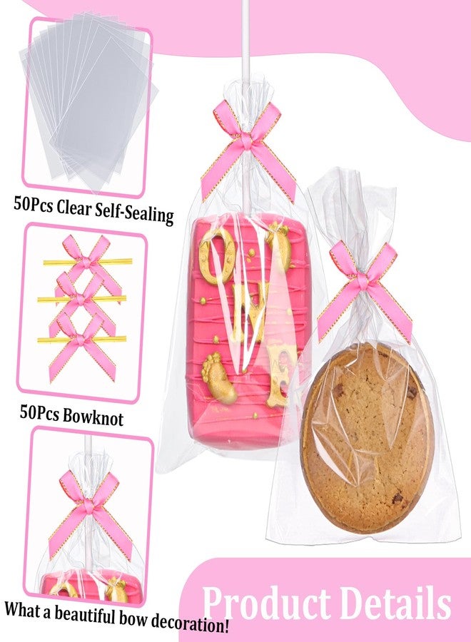 TEMLQPACK 50PCS 4x6 Inches Clear Flat-Sealing Cellophane Rice Krispie Treat Bags with Pink Bow Accessories, Resealable for Cookie Candy Jewelry Crafts Small Product Packaging - Image 4