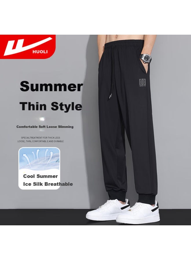 Pull Back Warrior Men's Summer Thin Loose-fit Sports Pants Breathable Ice Silk Men's Pants Black 2XL - Image 1