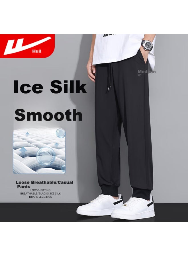 Pull Back Warrior Men's Summer Thin Loose-fit Sports Pants Breathable Ice Silk Men's Pants Black 2XL - Image 2
