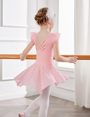 Arshiner Girls Shiny Ruffle Sleeve Ballet Leotard with Skirt Criss-Cross Back Dance Dresses - Image 5