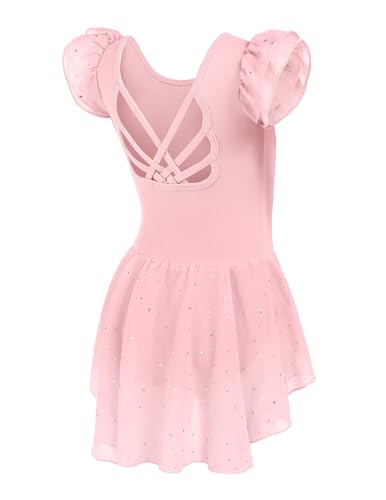 Arshiner Girls Shiny Ruffle Sleeve Ballet Leotard with Skirt Criss-Cross Back Dance Dresses - Image 2