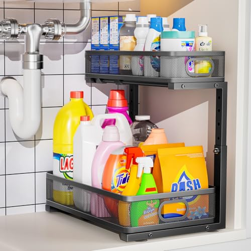 Dolesman Under Sink Organizer, High Adjustable 2 Tier Under Sink Organizers and Storage, Slide out Metal Cabinet Organizers, Pull out Storage Drawer Shelf for Kitchen Bathroom Cabinet (1, Black) - Image 1