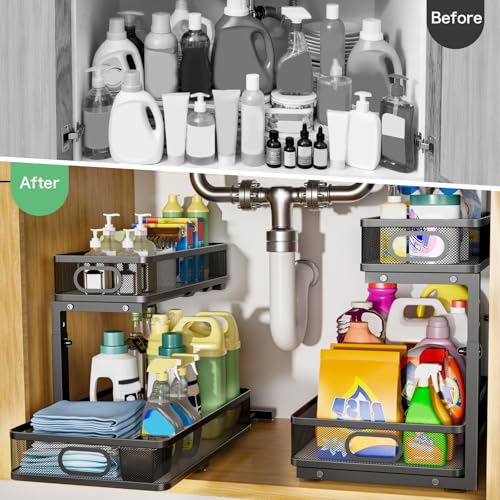 Dolesman Under Sink Organizer, High Adjustable 2 Tier Under Sink Organizers and Storage, Slide out Metal Cabinet Organizers, Pull out Storage Drawer Shelf for Kitchen Bathroom Cabinet (1, Black) - Image 3