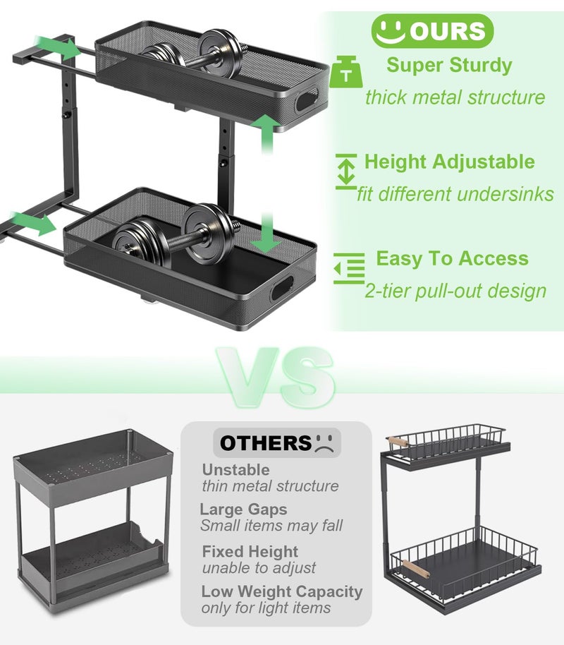 Dolesman Under Sink Organizer, High Adjustable 2 Tier Under Sink Organizers and Storage, Slide out Metal Cabinet Organizers, Pull out Storage Drawer Shelf for Kitchen Bathroom Cabinet (1, Black) - Image 2