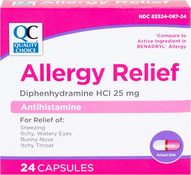 Quality Choice MultiSymptom Allergy Relief Capsules Antihistamine Diphenhydramine HCl 25mg Formula for Relief from Sneezing Runny Nose Itchy Eyes  Throat  24 Tablet Count - Image 1