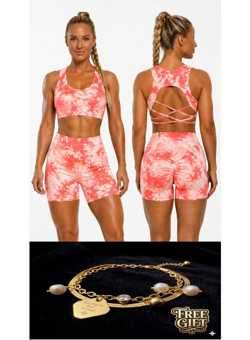 Free Gift Included Women's 2-Piece Tie-Dye Sports Bra and Shorts Set – High-Waist Scrunch - Image 1