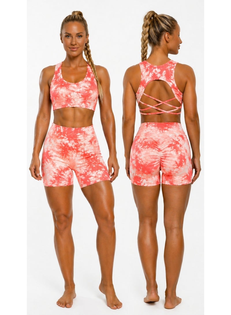 Free Gift Included Women's 2-Piece Tie-Dye Sports Bra and Shorts Set – High-Waist Scrunch - Image 2