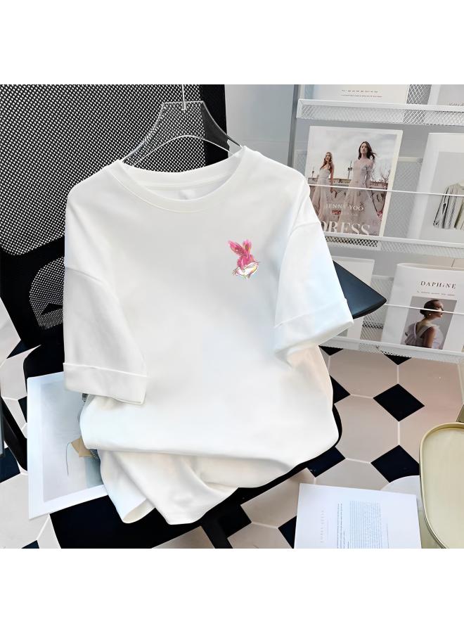 Song Feng Ya Graffiti Rabbit Tiktok Hot Real Shot Heavy Thick Summer Fashionable New Girl Style Pure Cotton Short-sleeved T-shirt For Women