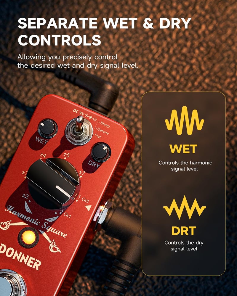 Donner Octave Guitar Pedal, Harmonic Square Digital Octave Mini Pedal Pitch Shifter 7 Shift Types 3 Tone Modes Sharp Detune Flat True Bypass - Image 4