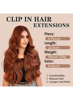 NAYOO Clip In Hair Extensions For Women 20 Inch Long Wavy Curly Auburn Hair Extension Full Head Synthetic Hair Extension Hairpieces(6Pcsauburn)  - Image 2