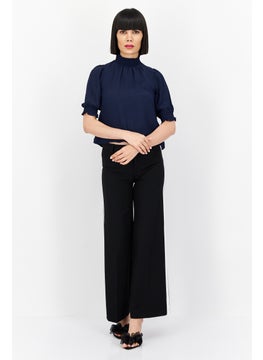 1 State Women Mock Neck Short Sleeves Textured Blouse, Navy  - Image 4