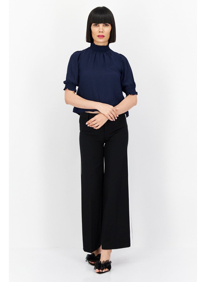 1 State Women Mock Neck Short Sleeves Textured Blouse, Navy  - Image 4