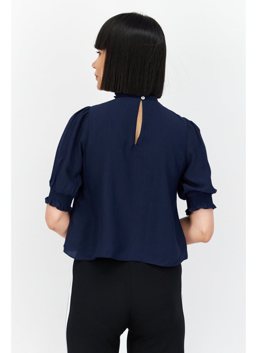 1 State Women Mock Neck Short Sleeves Textured Blouse, Navy  - Image 3