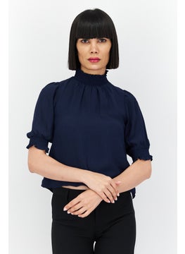 1 State Women Mock Neck Short Sleeves Textured Blouse, Navy  - Image 1