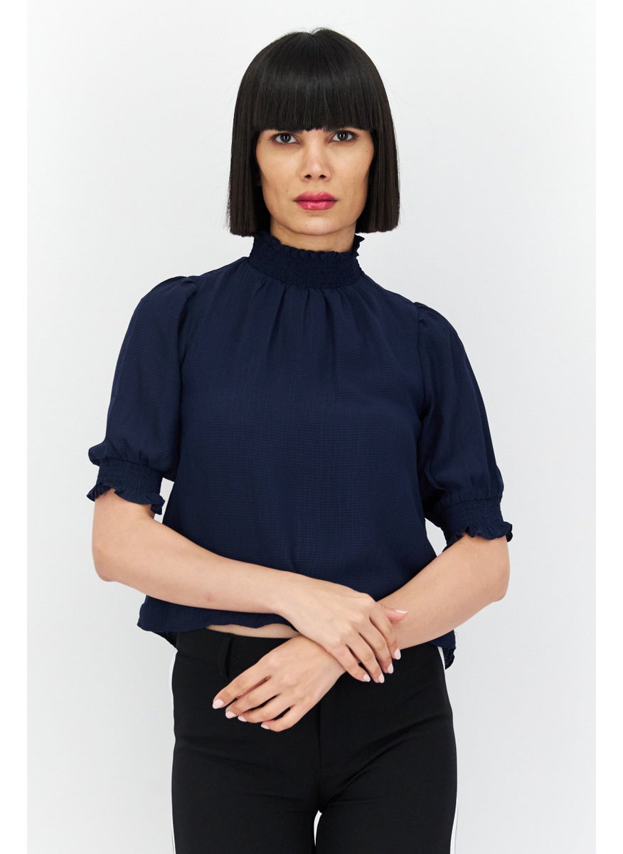 1 State Women Mock Neck Short Sleeves Textured Blouse, Navy  - Image 1