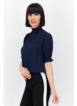 1 State Women Mock Neck Short Sleeves Textured Blouse, Navy  - Image 2