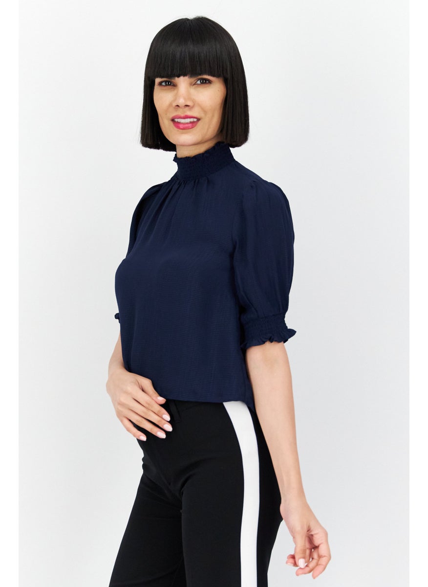 1 State Women Mock Neck Short Sleeves Textured Blouse, Navy  - Image 2