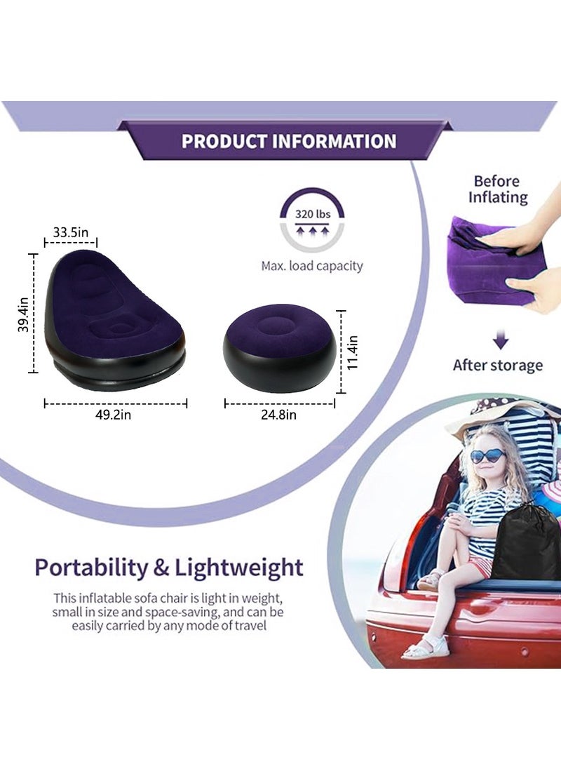 CHANDUG - Inflatable Chair, Portable Fast Inflatable Sofa Chair with Foot Stool, Surface with Plush Smooth Comfortable Ideal for Living Room, Room and Outdoor Camping use purple - Image 1