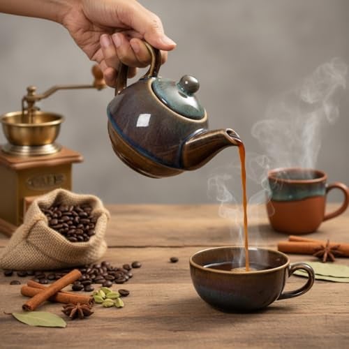 Beyond Homes Ceramic Stackable Tea Pot Set for Serving Tea and Coffee, 300 ml | Microwave Safe One Cup Kettle Set | Matte Finish Ceramic Tea Set with Cup (Reactive Brown) - Image 1