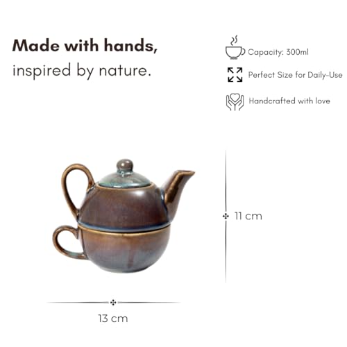 Beyond Homes Ceramic Stackable Tea Pot Set for Serving Tea and Coffee, 300 ml | Microwave Safe One Cup Kettle Set | Matte Finish Ceramic Tea Set with Cup (Reactive Brown) - Image 4