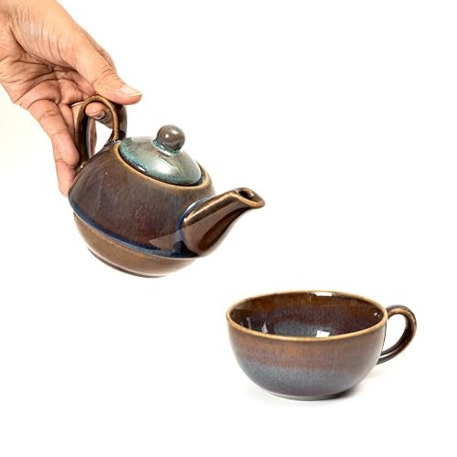 Beyond Homes Ceramic Stackable Tea Pot Set for Serving Tea and Coffee, 300 ml | Microwave Safe One Cup Kettle Set | Matte Finish Ceramic Tea Set with Cup (Reactive Brown) - Image 5