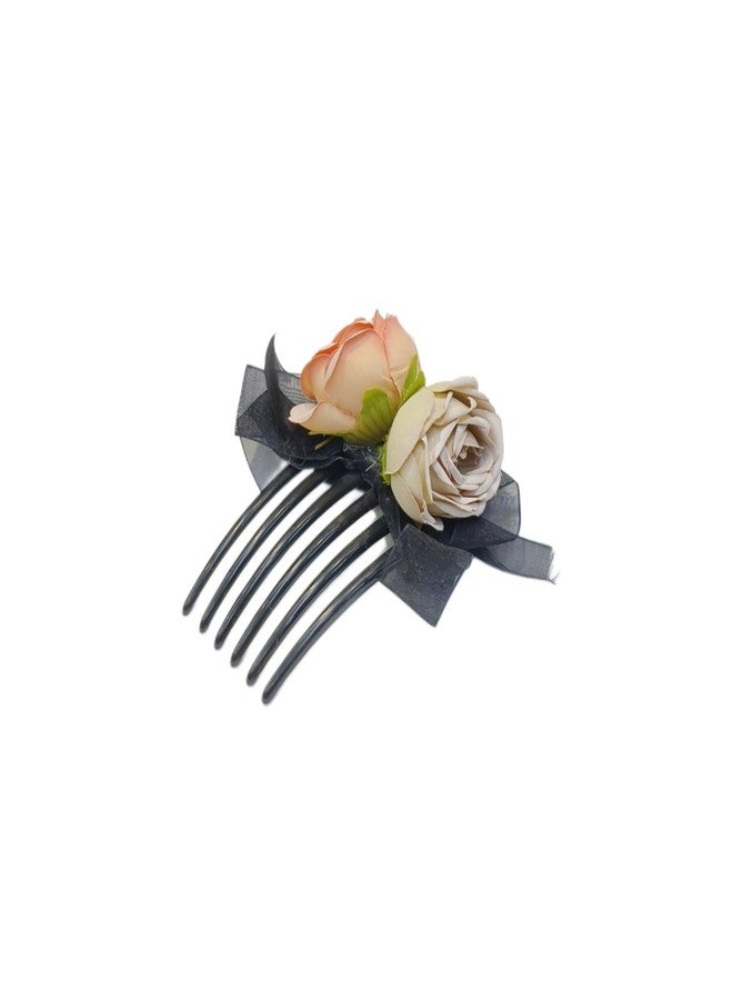 Fairytale Elegant Satin Rose Flower Ribbon Bow Hair Comb Hair Clip Hair Crab Holder for Girls and Women's (Beige) - Image 1