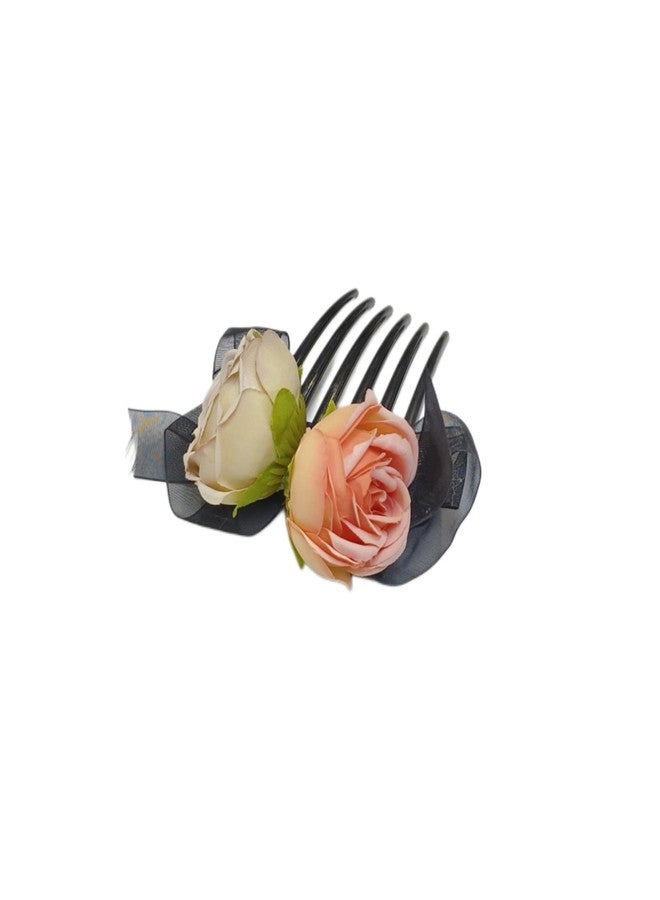 Fairytale Elegant Satin Rose Flower Ribbon Bow Hair Comb Hair Clip Hair Crab Holder for Girls and Women's (Beige) - Image 3