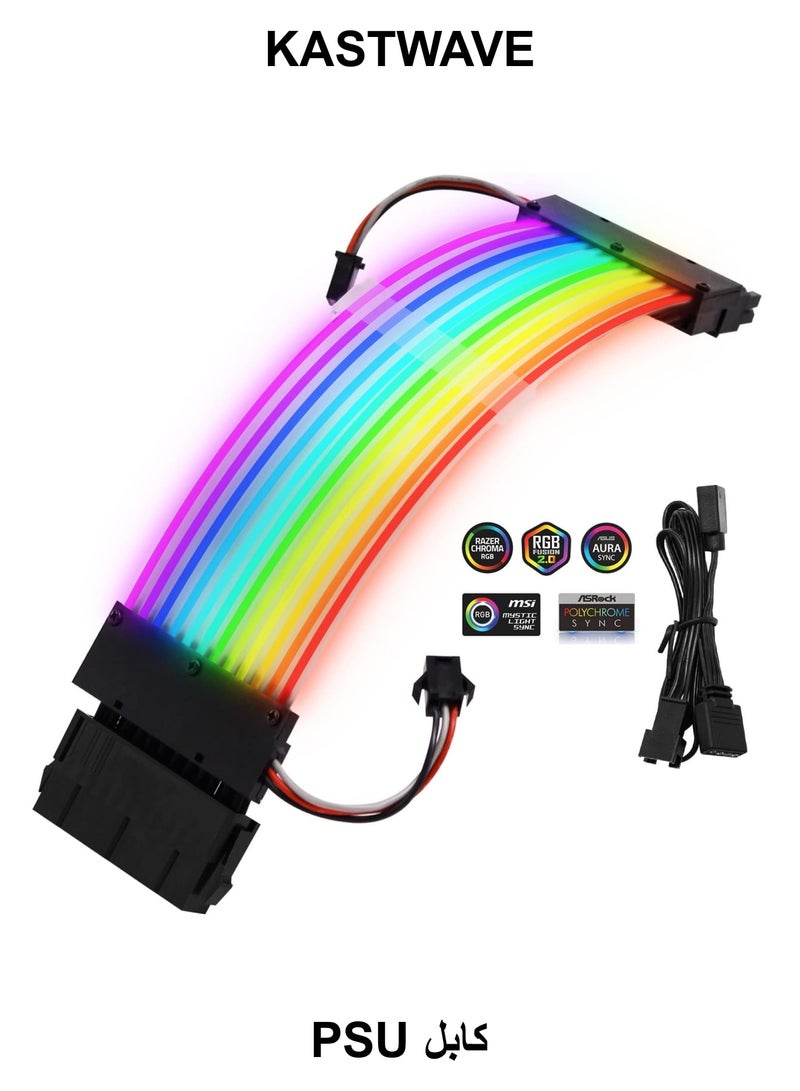 KASTWAVE Power Supply Sleeved Cable, Customization 24 Pin ATX RGB Cable Extension Kit 16AWG, 5V 3Pin Synchronized PSU Cable for RGB Software from All Major Motherboard Cable Management - Image 1