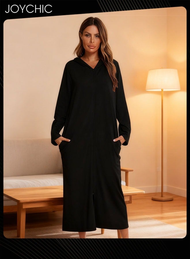 Joychic بيجامة نسائية بسحاب بنمط صلب لفصل الربيع والخريف والشتاء مريحة مع جيوب وقبعة باللون الأسود - Image 1