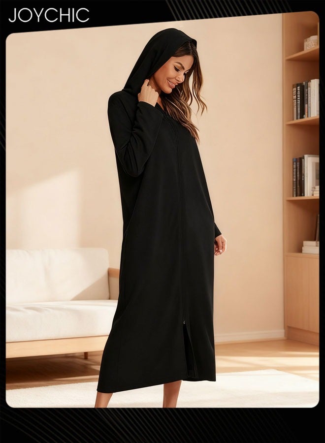 Joychic بيجامة نسائية بسحاب بنمط صلب لفصل الربيع والخريف والشتاء مريحة مع جيوب وقبعة باللون الأسود - Image 2