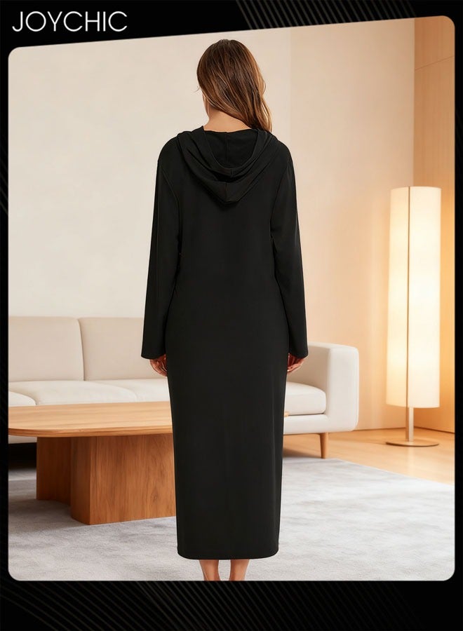 Joychic بيجامة نسائية بسحاب بنمط صلب لفصل الربيع والخريف والشتاء مريحة مع جيوب وقبعة باللون الأسود - Image 3