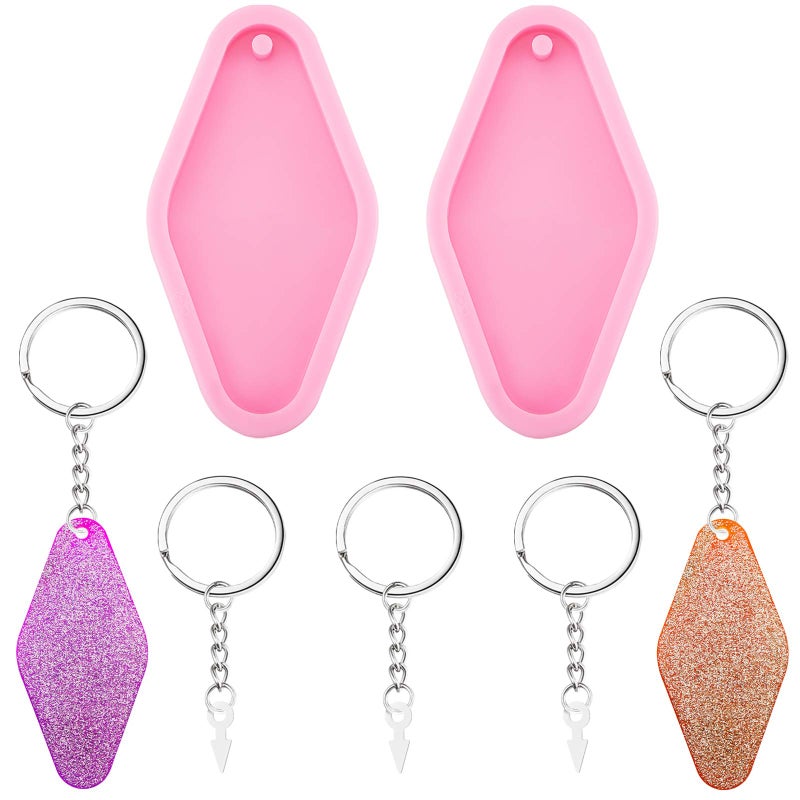 WILLBOND 2 Pieces Diamond Silicone Keychain Mold Silicone Baking Fondant Molds Keychain Pendant Clay Mold and 5 Pieces Key Rings for DIY Keychain Decoration, Homemade Chocolate Dessert - Image 1