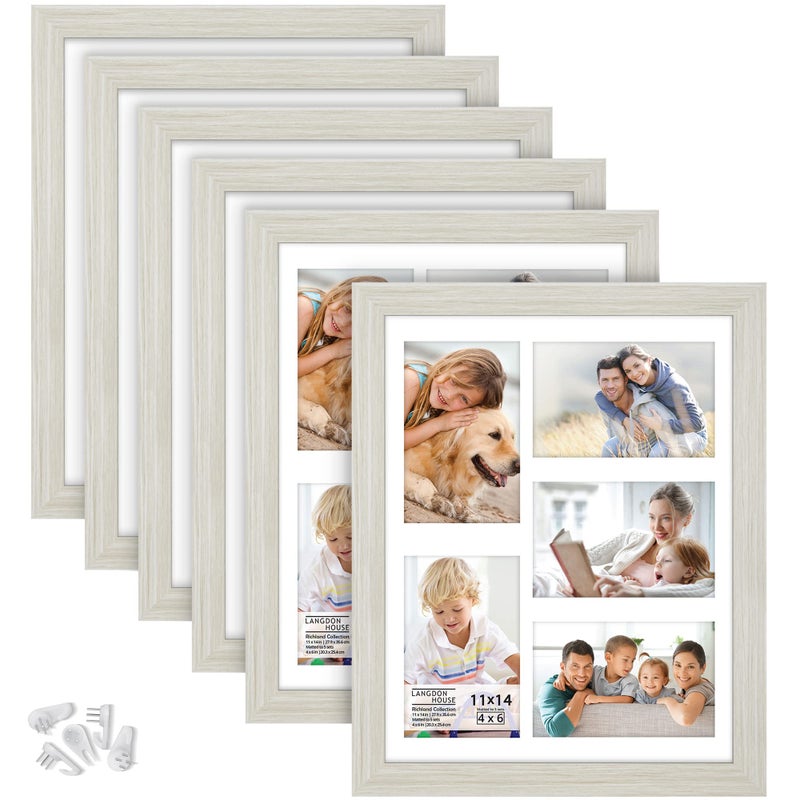 Langdon House 11x14 Collage Picture Frames wMat for 54x6 Photos Almond White 6 Pack Woodgrain Style Wall Mount Only Richland Collection