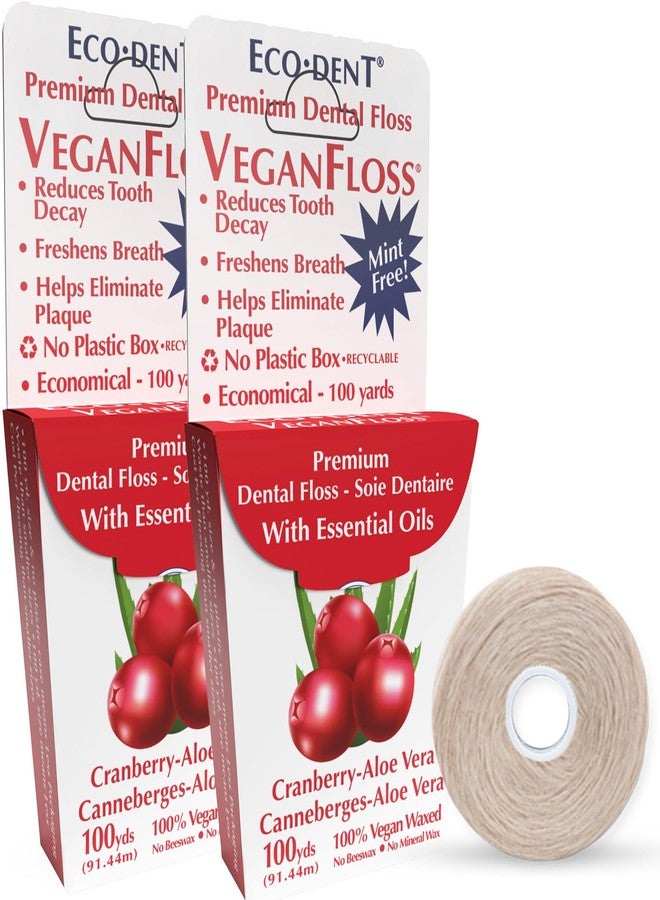 Eco-Dent VeganFloss Dental Floss, Waxed, Cranberry-Aloe - Floss with Vegan Plant-Based Wax, Recyclable Cardboard Packaging, 100 Yds (Pack of 2 - Image 1