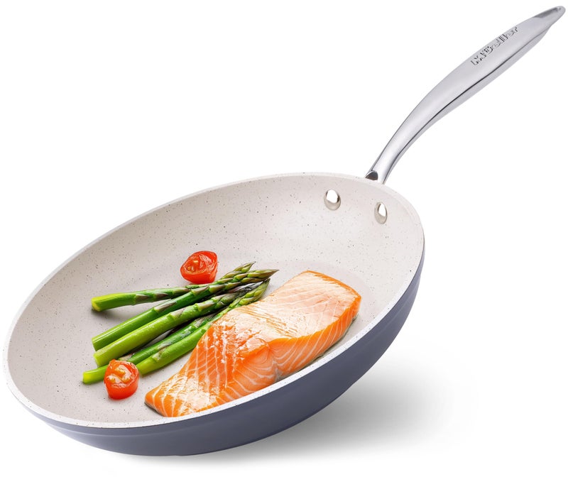 Mueller Frying Pan, Heavy Duty German Stone Coating Non Stick Frying Pans, No PFOA or APEO, Paella Pan, Dishwasher and Oven Safe, Even Heat Distribution, Cool Stainless Steel Handle, Light Grey - Image 1