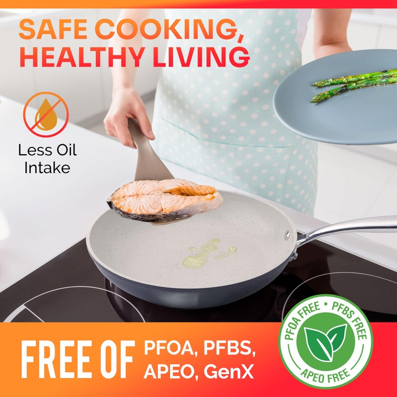 Mueller Frying Pan, Heavy Duty German Stone Coating Non Stick Frying Pans, No PFOA or APEO, Paella Pan, Dishwasher and Oven Safe, Even Heat Distribution, Cool Stainless Steel Handle, Light Grey - Image 5