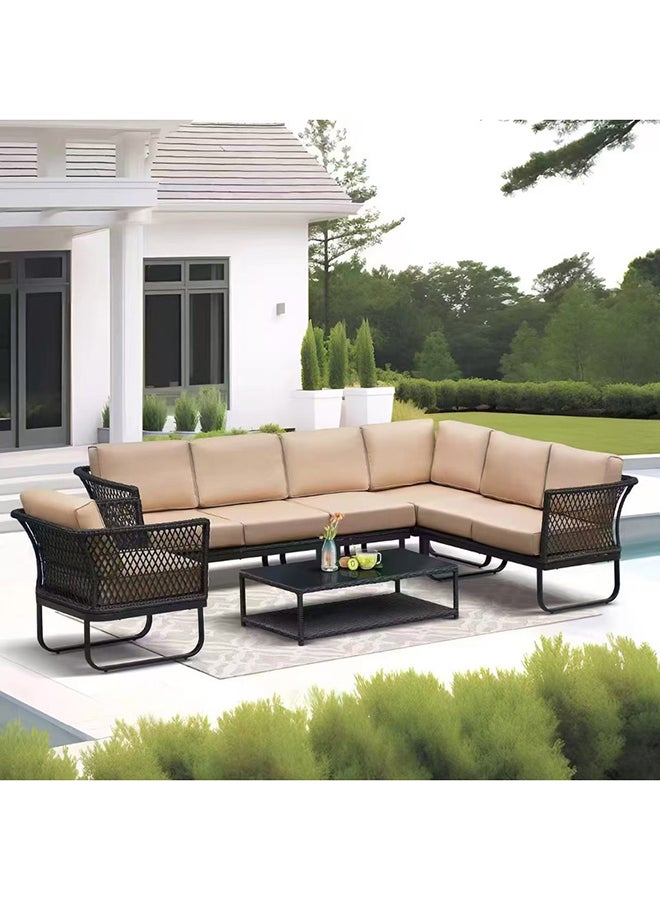 Oasis Outdoor Rattan L Shape 6 Seater Sofa Black Color With Khaki Color Cushions 