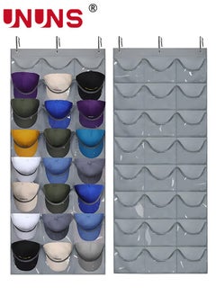 UNUNS Hat Rack,24 Deep Pockets Hat Organizer,Hat Racks For Baseball Caps, Visible Hat Holder,Baseball Hat Rack For Wall Door With 3 Hooks,Gray  - Image 1