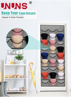UNUNS Hat Rack,24 Deep Pockets Hat Organizer,Hat Racks For Baseball Caps, Visible Hat Holder,Baseball Hat Rack For Wall Door With 3 Hooks,Gray  - Image 2