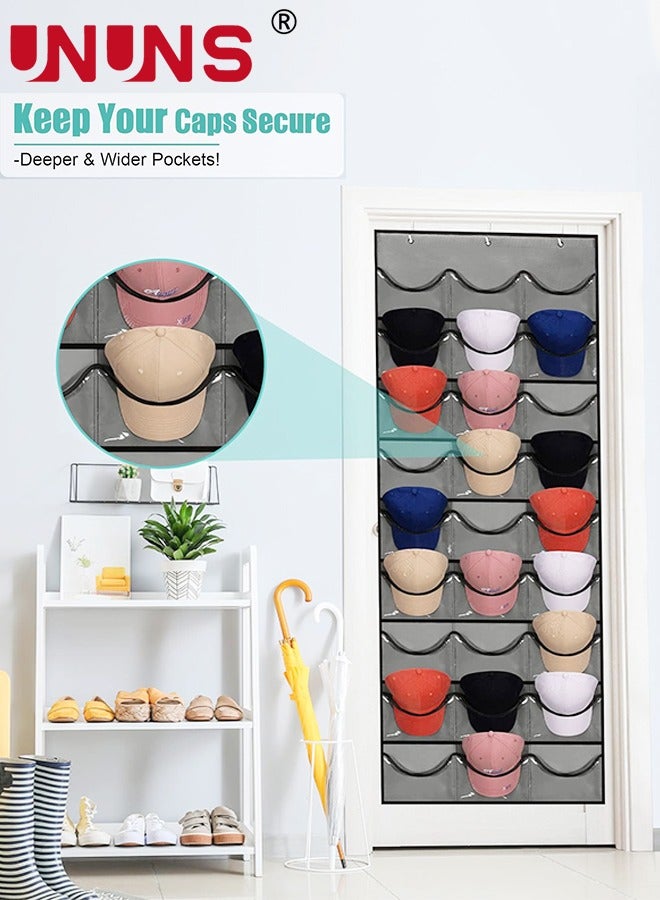 UNUNS Hat Rack,24 Deep Pockets Hat Organizer,Hat Racks For Baseball Caps, Visible Hat Holder,Baseball Hat Rack For Wall Door With 3 Hooks,Gray  - Image 2