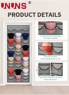 UNUNS Hat Rack,24 Deep Pockets Hat Organizer,Hat Racks For Baseball Caps, Visible Hat Holder,Baseball Hat Rack For Wall Door With 3 Hooks,Gray  - Image 3