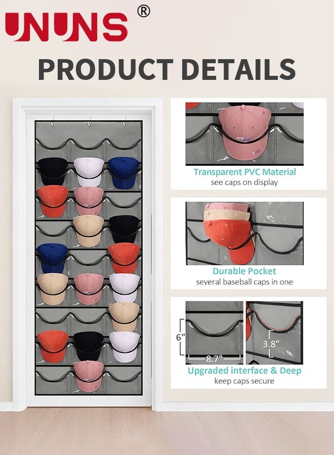UNUNS Hat Rack,24 Deep Pockets Hat Organizer,Hat Racks For Baseball Caps, Visible Hat Holder,Baseball Hat Rack For Wall Door With 3 Hooks,Gray  - Image 3