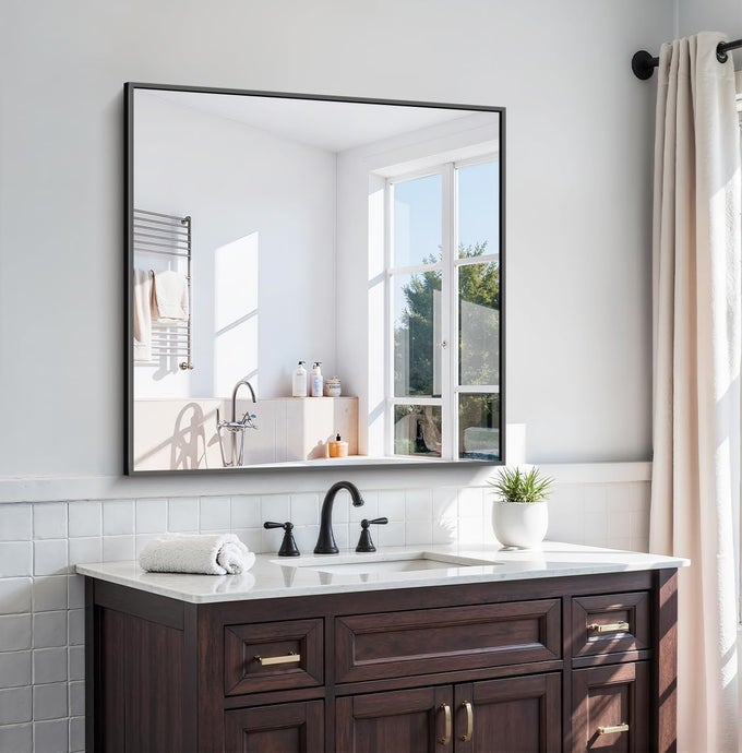 36X36 INCH LARGE BLACK WALL MOUNTED MIRRORALUMINUM FRAMED DECORATIVE RECTANGULAR BATHROOM MIRROR FOR WALL OVER SINKVANITY MIRROR FOR BEDROOM LIVING ROOM BATHROOMFUNCTIONAL OVERSIZED MIRROR