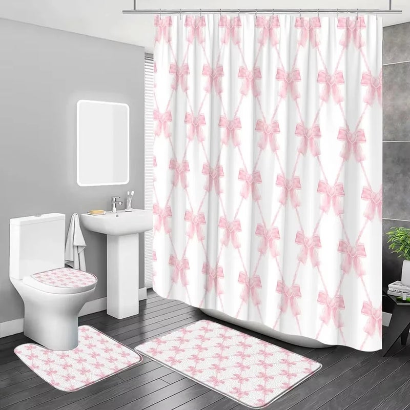 Bluejw pink Bow Shower Curtain Set Waterproof 100% Polyester Bathroom Shower Curtain - Image 3
