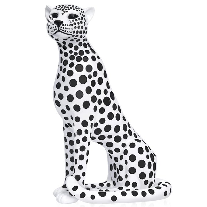 STATUES FOR HOME DECOR MODERN SCULPTURES AND STATUES DECORATIONS FOR LIVING ROOM BEDROOM TABLE BOOKSHELF WHITE RESIN LEOPARD ART DECORATIVE SCULPTURE WITH BLACK POLKA DOTS DESIGN