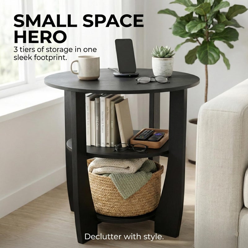 ZEXVIDA Round Side Table, 3-Tier End Table with Storage, 19.7 inch Black Accent Table,Nightstand for Bedroom Living Room, Modern Design for Couch, Sofa, Recliner, Small Space - Image 4