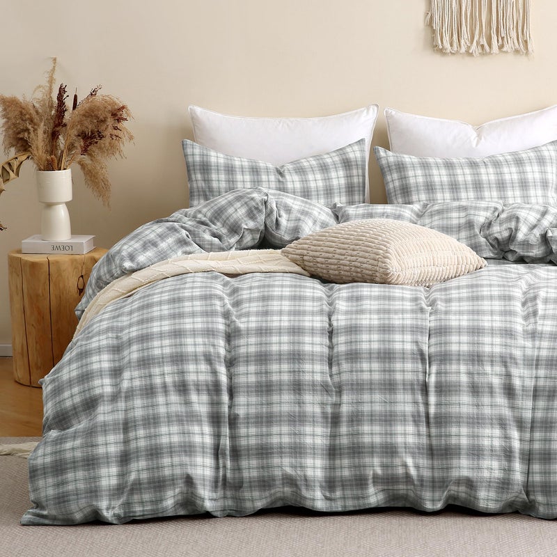 TOCOMOA Plaid Duvet Cover Set 100% Washed Cotton Like Linen Feel Super Soft Comfy 3 Piece Grey and Green Gingham Checkered Bedding Comforter Cover Set (King 104"x90", Comforter Not Included) - Image 1