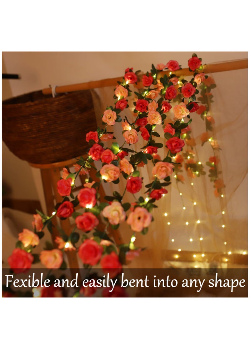 Excefore Flower Rose Vine Fairy String Lights, Battery Powered Artificial Rose Flower Garland with Lights for Wedding Birthday Party Bedroom Home Garden Decor, 2 Pack ,50 LED - Image 2