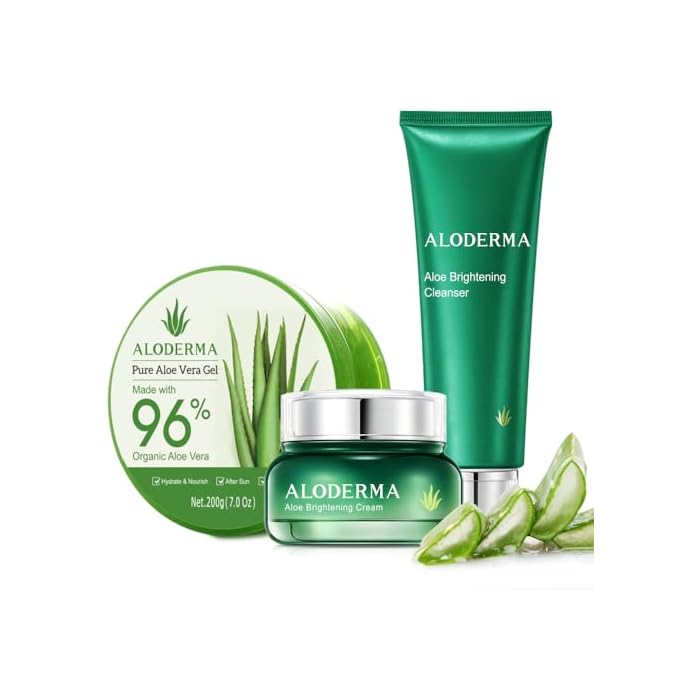 Aloderma Basic Aloe Brightening Skin Care Set - 4 Pieces - Cleanser, Cream, 200g Aloe Vera Gel x 2pcs
