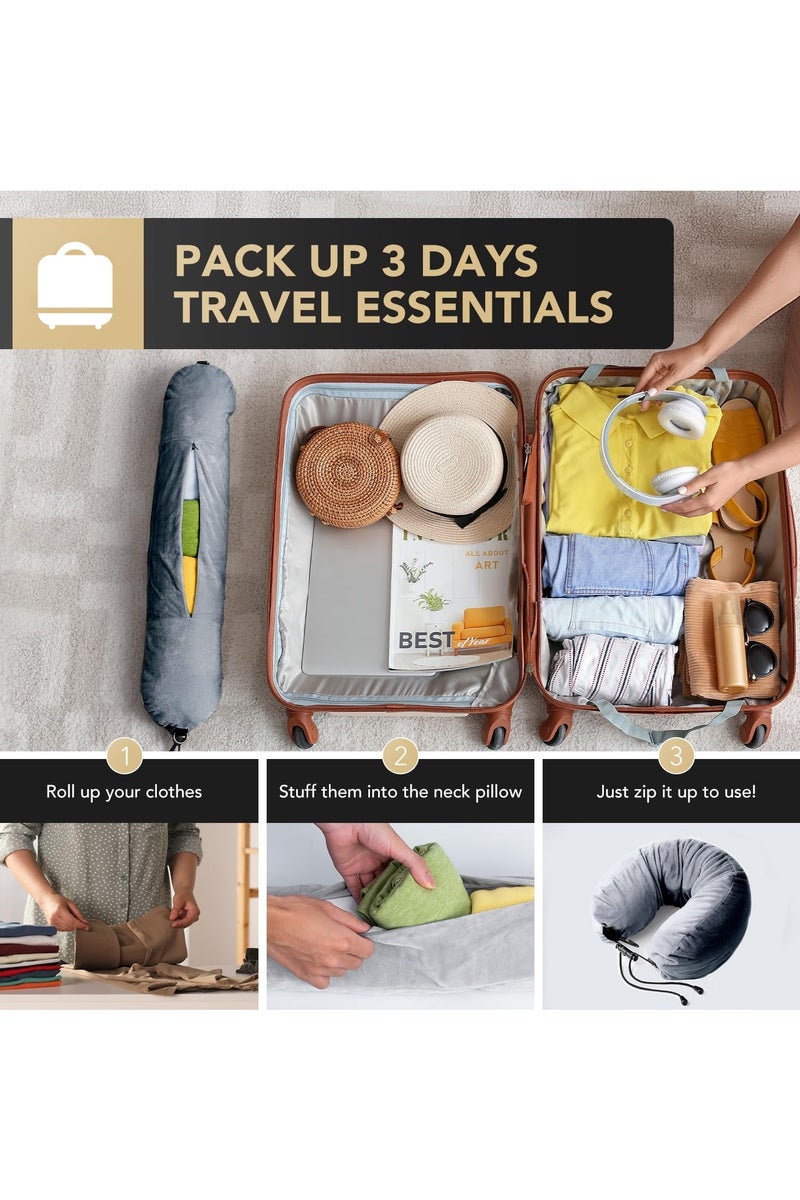 Stuffable Neck Pillow for Travel, Adjustable U-shapes, Extra Luggage Storage Ideal 1-3 Days Travel Essentials, 3D Eye Mask Included, Grey - Image 2